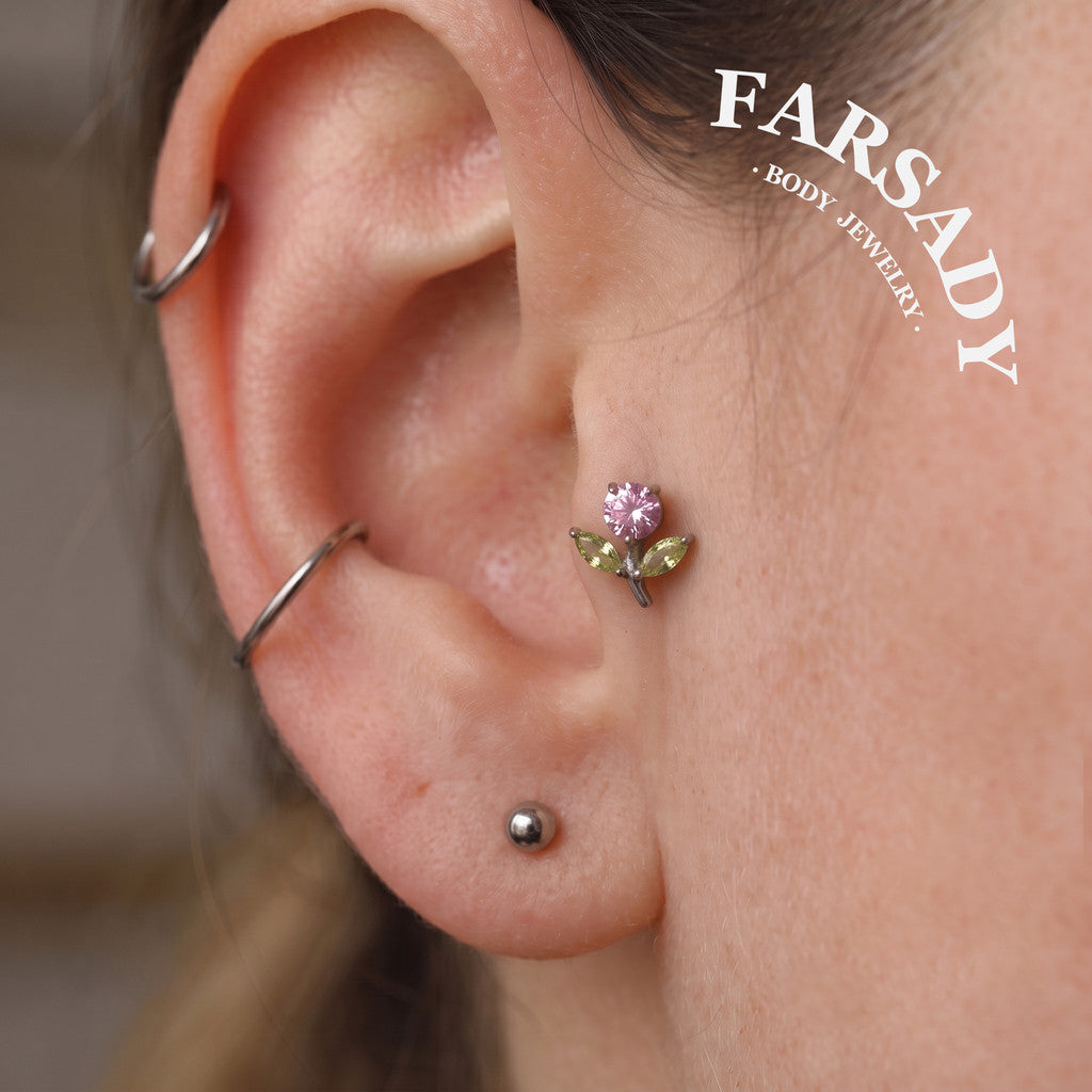 Blossom Sprig - F136 Titanium Internally Threaded Stud / Fits Cartilage Helix Tragus Lobe Nostril Piercing