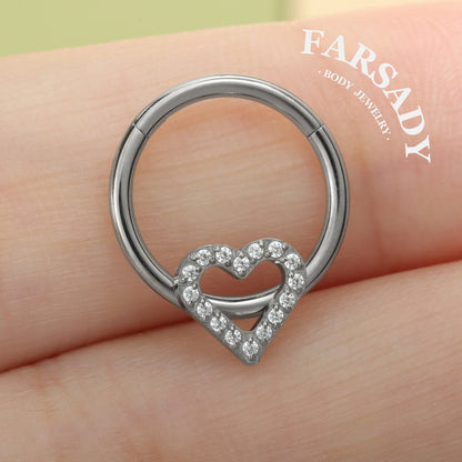 Hollow Heart - ASTM F136 Titanium Hinged Clicker Hoop / Fits 16G Septum Ring Helix Conch Cartilage Earring