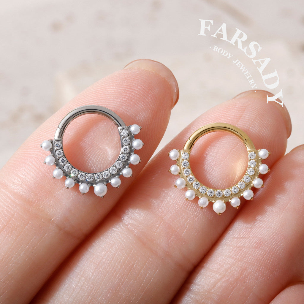 Pearl Fringe - F136 Titanium Hinged Clicker Hoop / Fits 16G Septum Ring Helix Conch Cartilage Earring
