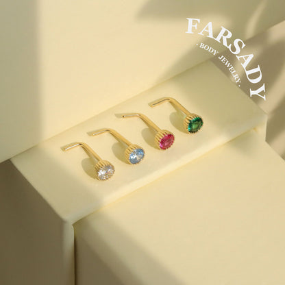 Multi-Color CZ - Solid 14K Gold L-Shape Stud / Fit 20G Nostril Piercing