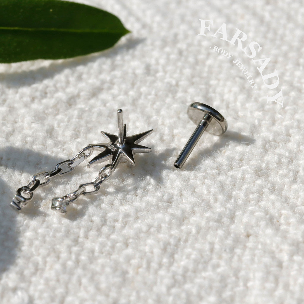 Sterling Silver Star Dangle Helix Earring • Threadless Push In Flat Piercing Jewelry •  S925 Tragus Conch Lobe Cartilage Jewelry • Titanium Back
