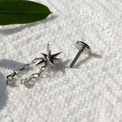 Sterling Silver Star Dangle Helix Earring • Threadless Push In Flat Piercing Jewelry •  S925 Tragus Conch Lobe Cartilage Jewelry • Titanium Back