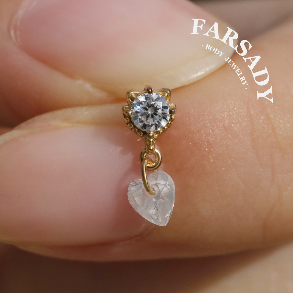 Mini Cat Dangle Helix Flat Back Stud: Tragus Conch Lobe Threadless Push In Cartilage Earring, Sterling Silver Plated 18k Gold, Nickle-Free