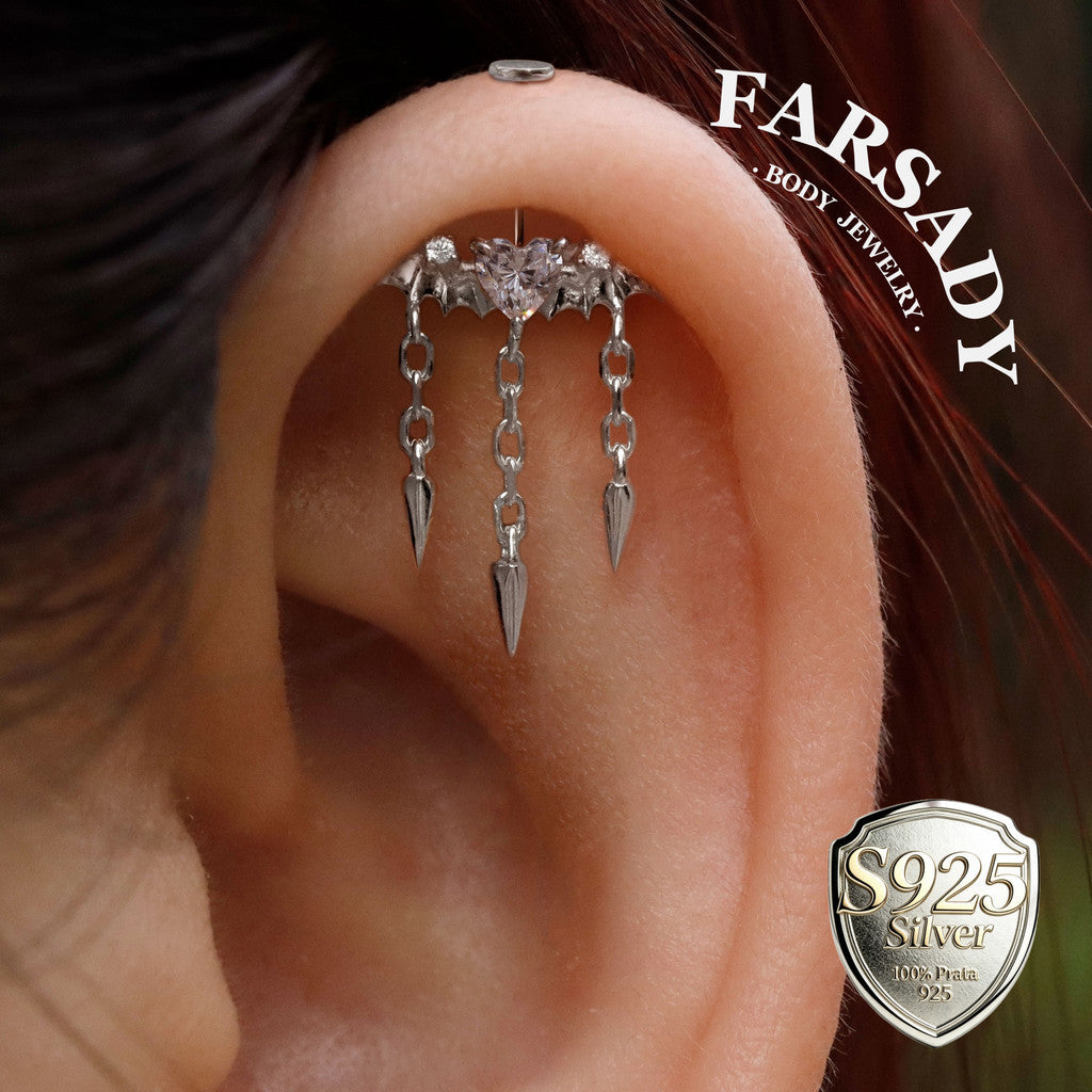 Bat Wing Heart - 925 Silver Threadless Stud / Fits Vertical Helix Hidden Rook Earring