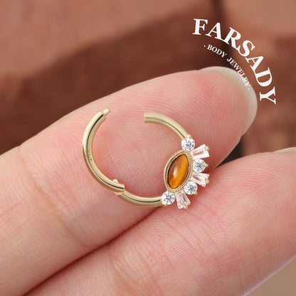 Tiger Eye Radiance - Solid 14K Gold Hinged Clicker Hoop / Fits 16G Septum Ring Helix Conch Cartilage Earring