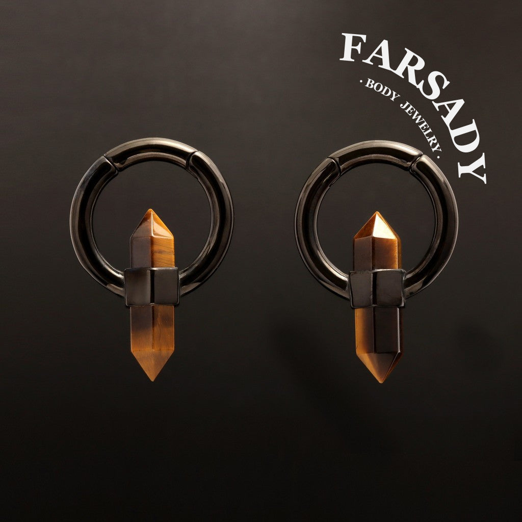 Pointed Tiger Eye - 316L Magnetic Hinged Ear Weights / Fits 3G 2G Stretched Ear Lobes Tunnels Plugs