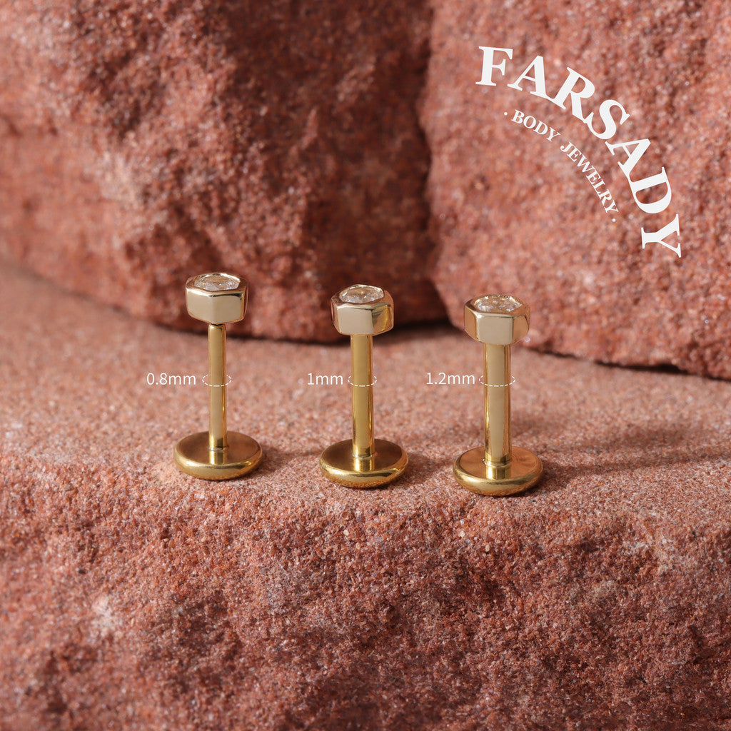 Dual Hexa - Solid 14K Gold Threadless Stud / Fits Cartilage Helix Tragus Lobe Nostril Piercing