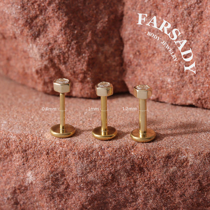 Dual Hexa - Solid 14K Gold Threadless Stud / Fits Cartilage Helix Tragus Lobe Nostril Piercing