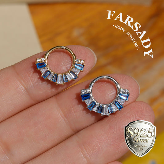 Sterling Silver Septum Ring 16G, Orginal Design Daith Piercing Blue CZ Earrings Hoop, Unique Septum Clicker Gold, 18K Plated Helix, Tragus Jewelry