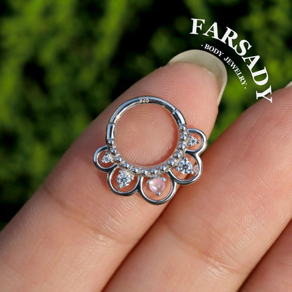 16G Sterling Silver Moonstone Flower Septum Ring, Moissanite Hinged Septum Clicker,925 Sterling Silver Plated 18k Gold,Gold Daith Earring Hoop,Helix Tragus Hoop