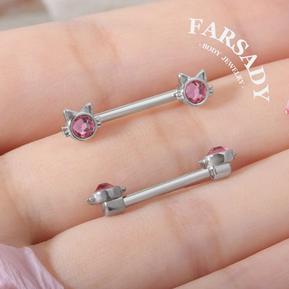 Pink Eyed Cat - 2PCS Pink CZ Straight Barbell / Fits 16G Chest Piercing Nose Bridge