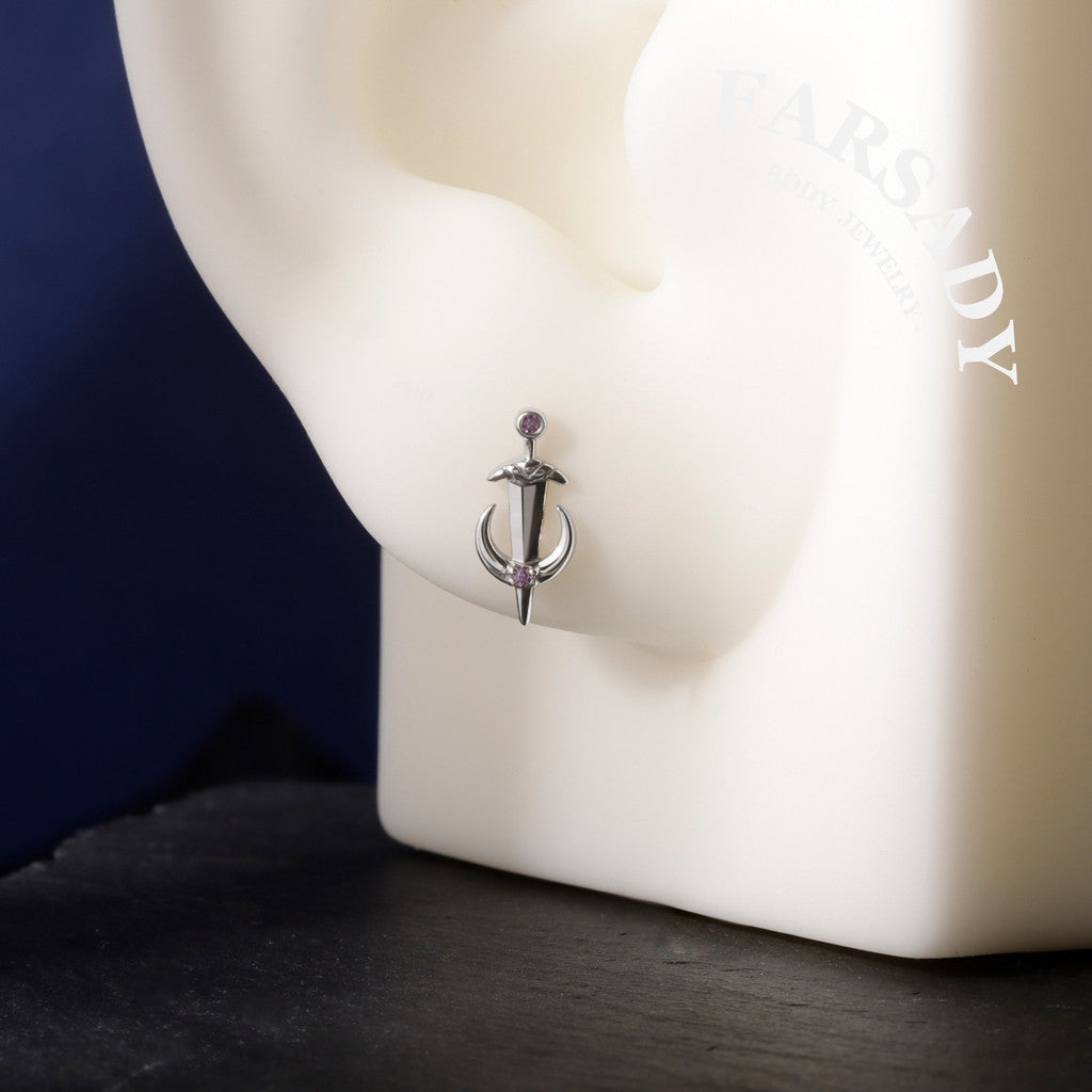 Lunar Sword - 925 Silver Threadless Stud / Fits Cartilage Helix Tragus Lobe Nostril Piercing