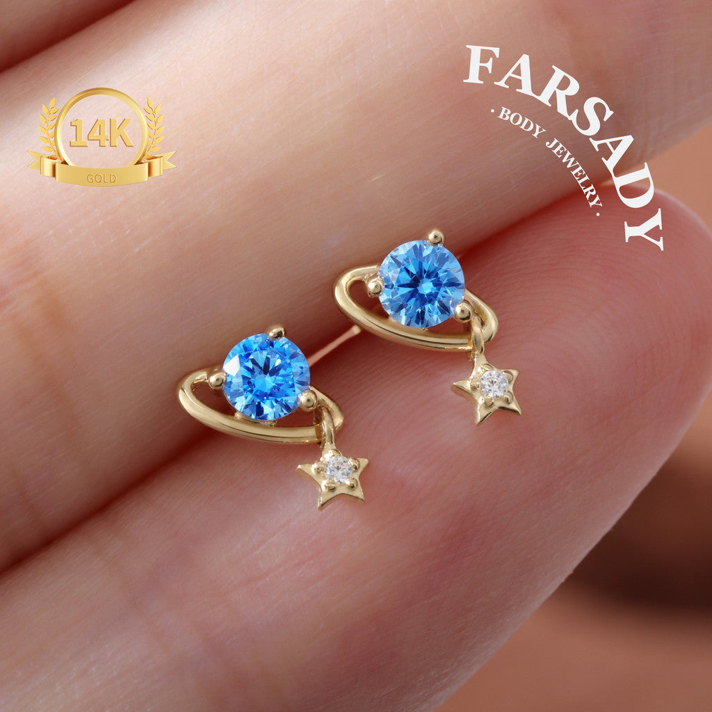 Aquamarine Planet - Solid 14K Gold Internally Threaded Stud / Fits Cartilage Helix Tragus Lobe Piercing