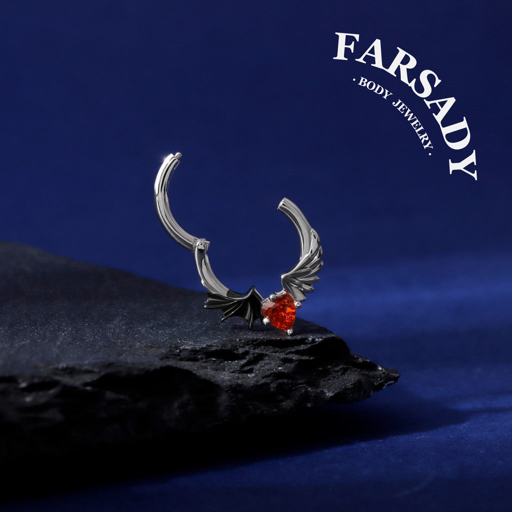 16G Angel Vs Devil Septum Ring S925 Sterling Silver Red CZ Heart Septum Jewelry Hinged Heart Daith Ear Hoop Gothic Helix Piercing Daily Wear Gift for Her
