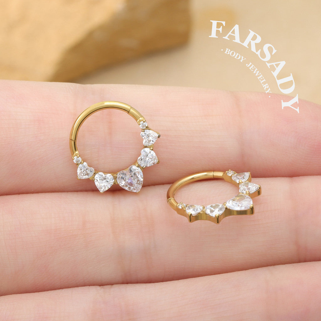 16G Titanium 5 Heart CZ Septum Ring & Hoop Earring | Hinged Clicker for Daith, Helix and Tragus  | Elegant Sparkling CZ Piercing Jewelry in Silver & Gold, Daily Wear with Gift Box