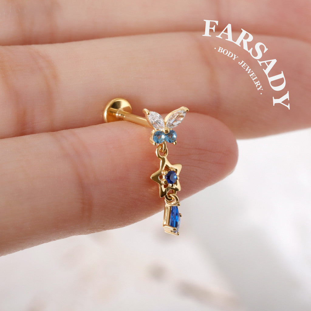 Sterling Silver Dangle Butterfly Threadless Push Pin • 925 Silver Star Shaped Cartilage Push Back Stud • Helix Flat Back Earlobe Piercing