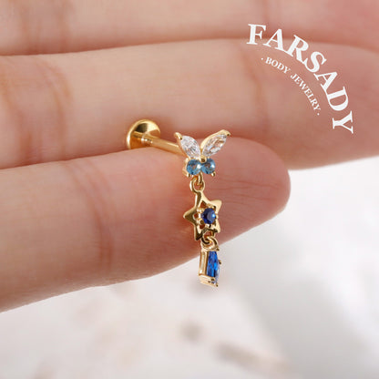 Sterling Silver Dangle Butterfly Threadless Push Pin • 925 Silver Star Shaped Cartilage Push Back Stud • Helix Flat Back Earlobe Piercing