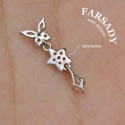Sterling Silver Butterfly Dangle Cartilage Stud Earring • Threadless Push In Flat Helix Piercing Jewelry Flat  Back Earring Plated 18K Gold