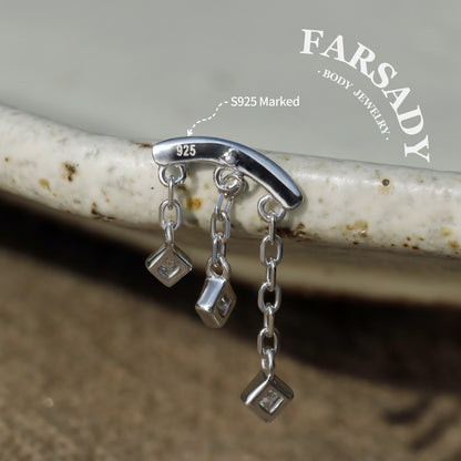 Triple Square CZ Hidden Helix Earring Stud: S925 Silver Floating Helix Piercing Jewelry, Titanium Threadless Post Back, Flat Back Earrings