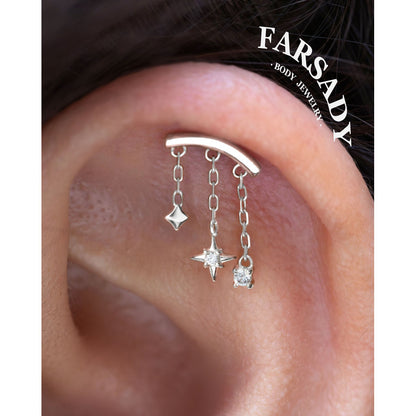 Designed for vertical helix piercings/ 925 Silver Helix Chain Earring 18K Plated/ Star Dangle Earring/ Threadless Push In Hidden Rook Stud