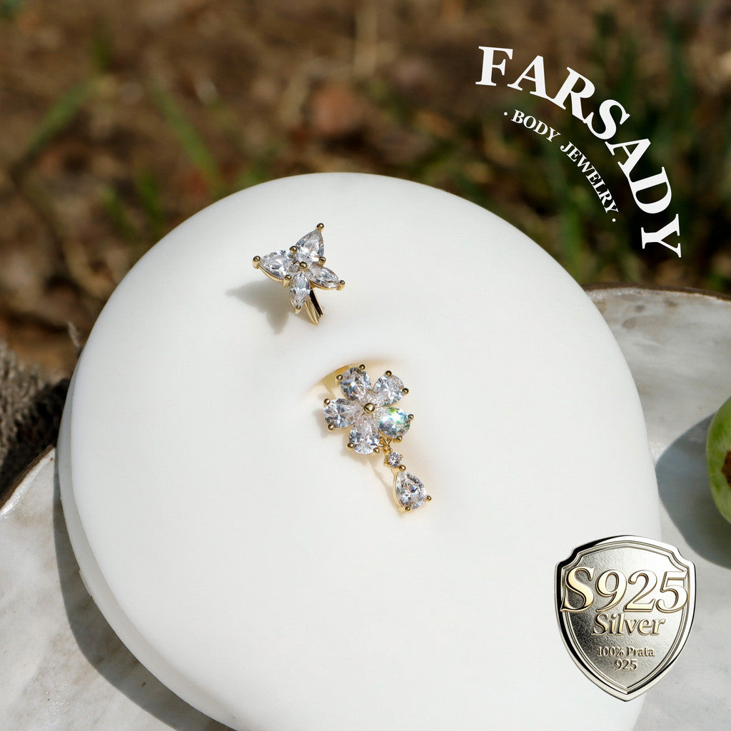 14G Belly Button Ring – 925 Silver 18K Gold Plated| Clear CZ Flower Butterfly Dangle Bar| Hypoallergenic Navel Piercing Jewelry| Waterproof