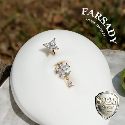 14G Belly Button Ring – 925 Silver 18K Gold Plated| Clear CZ Flower Butterfly Dangle Bar| Hypoallergenic Navel Piercing Jewelry| Waterproof