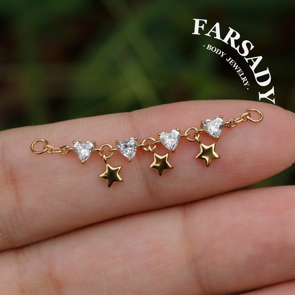 No Rules Star&Heart Chain Charm: Sterling Silver Helix Industril Conch Cartilage Wrap Chain, Dangle Nose Piercing DIY Chain Gold, 25mm 35mm