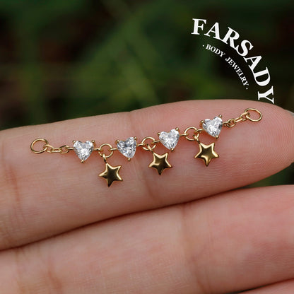No Rules Star&Heart Chain Charm: Sterling Silver Helix Industril Conch Cartilage Wrap Chain, Dangle Nose Piercing DIY Chain Gold, 25mm 35mm