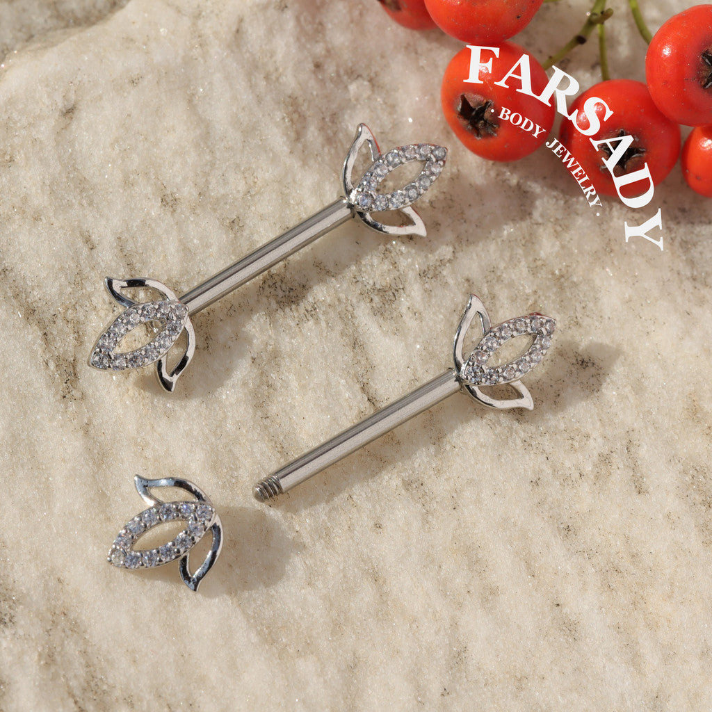 Hollow Lotus - 2PCS Clear CZ Straight Barbell / Fits 16G Chest Piercing Nose Bridge