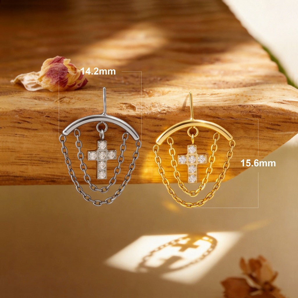 Layer Chain Cros - F136 Titanium Threadless Stud / Fits Vertical Helix Hidden Rook Earring