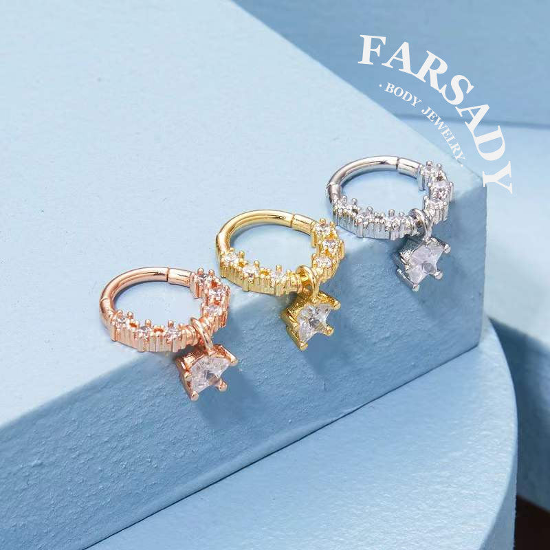 Star Chain - CZ Dangle Hinged Clicker Hoop / Fits 16G Septum Ring Helix Conch Cartilage Earring