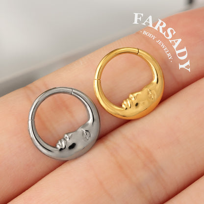 Moon Face - F136 Titanium Hinged Clicker Hoop / Fits 16G Septum Ring Helix Conch Cartilage Earring