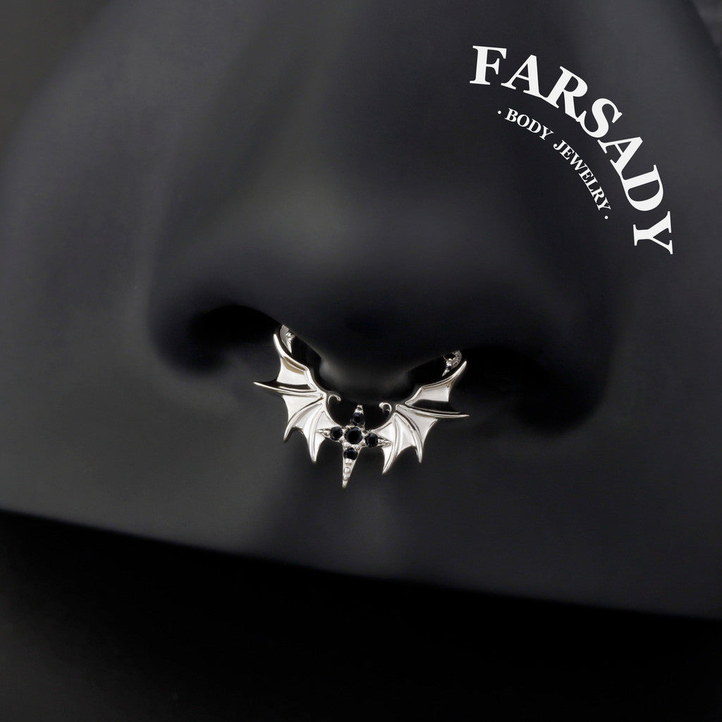 Obsidian Wing - 925 Silver CZ Hinged Clicker Hoop / Fits 16G Septum Ring Helix Conch Daith Earring