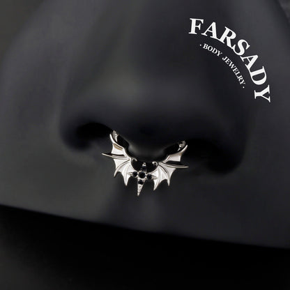 Obsidian Wing - 925 Silver CZ Hinged Clicker Hoop / Fits 16G Septum Ring Helix Conch Daith Earring