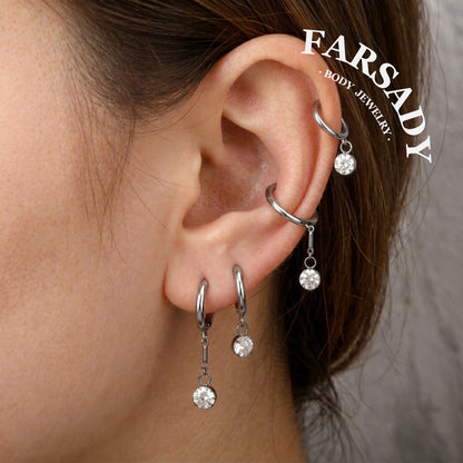 Lunar Pendulum - F136 Titanium CZ Hinged Clicker Hoop / Fits 18G Helix Conch Cartilage Earring