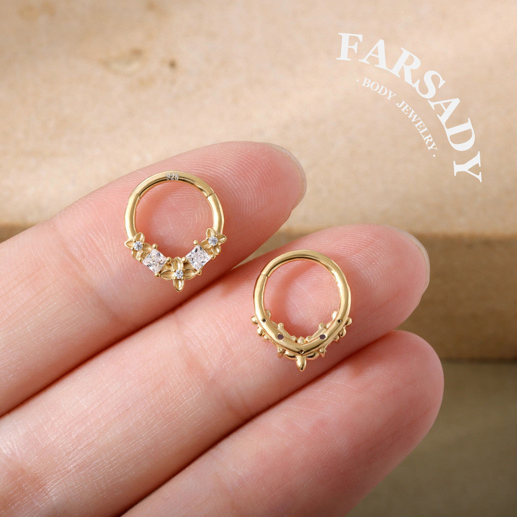 Clover Crest - 925 Silver Hinged Clicker Hoop / Fits 16G Septum Ring Helix Conch Daith Earring