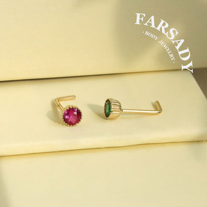 Multi-Color CZ - Solid 14K Gold L-Shape Stud / Fit 20G Nostril Piercing