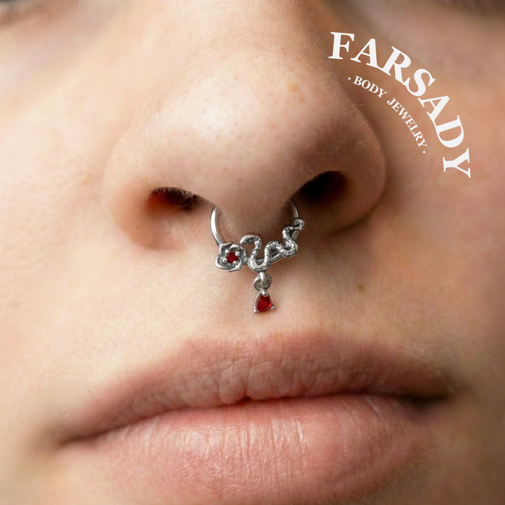 Snake Rose Septum Ring 16g, 316L Septum Jewelry, Gold Daith Jewelry,Dangle Septum Clicker   Helix/Tragus/Rook Cartilage Hoop, Halloween Gift