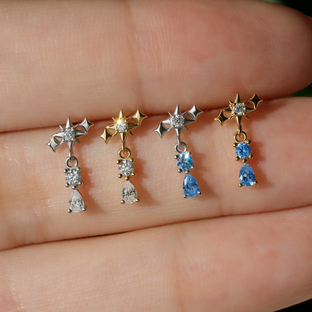 Aqua Starfall - 925 Silver Threadless Stud / Fits Cartilage Helix Tragus Lobe Earring