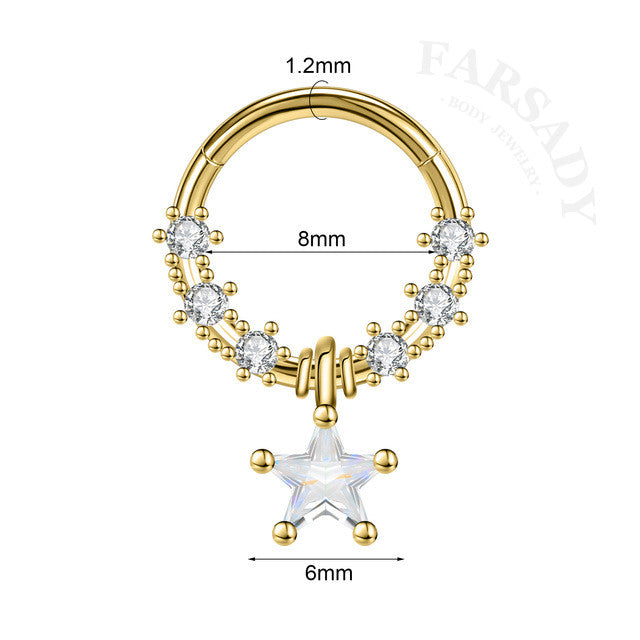 Star Chain - CZ Dangle Hinged Clicker Hoop / Fits 16G Septum Ring Helix Conch Cartilage Earring