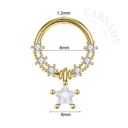 Star Chain - CZ Dangle Hinged Clicker Hoop / Fits 16G Septum Ring Helix Conch Cartilage Earring