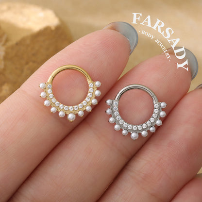 Pearl Fringe - F136 Titanium Hinged Clicker Hoop / Fits 16G Septum Ring Helix Conch Cartilage Earring