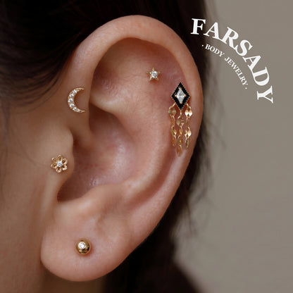 Obsidian Tassel - 925 Silver Threadless Stud / Fits Cartilage Helix Tragus Lobe Piercing