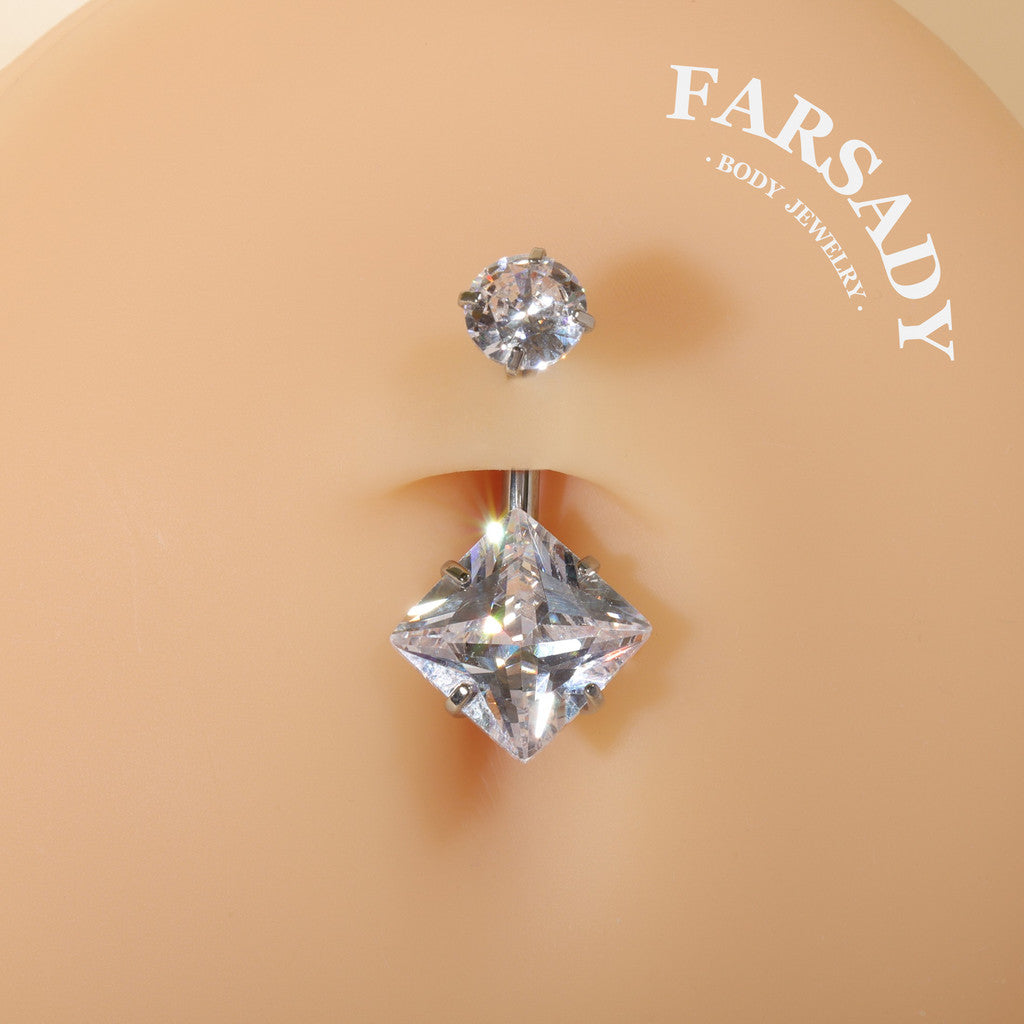Square & Round Twin - F136 Titanium Internally Threaded Belly Button Ring / Fits 14G Navel Piercing
