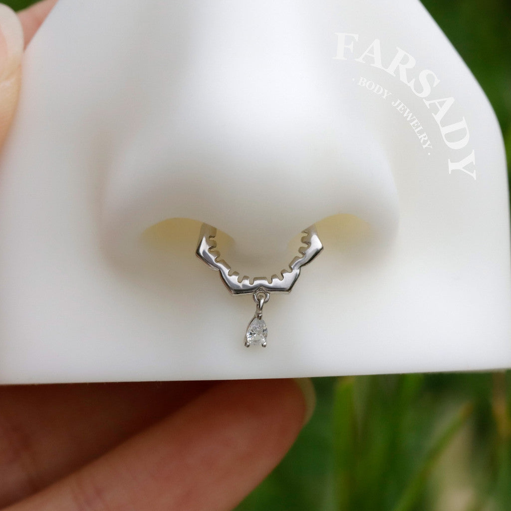 Sterling Silver  Dangle Flower Septum Ring/ Moissanite Septum Piercing Jewelry/ 16G Daith Hoop Earring/8mm Helix Tragus Cartilage Hoop Earring