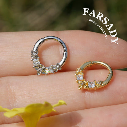 316L Flower Septum Clicker, White CZ Septum Nose Ring, 16G 8mm Daith Hoop Earring, Gold Septum Ring, Silver Helix/ Conch/ Tragus Ring