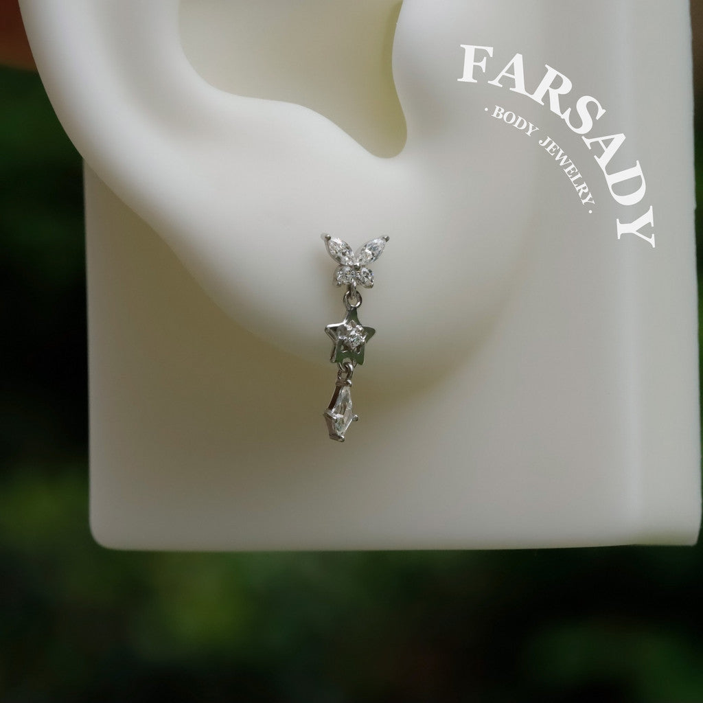 Sterling Silver Butterfly Dangle Cartilage Stud Earring • Threadless Push In Flat Helix Piercing Jewelry Flat  Back Earring Plated 18K Gold