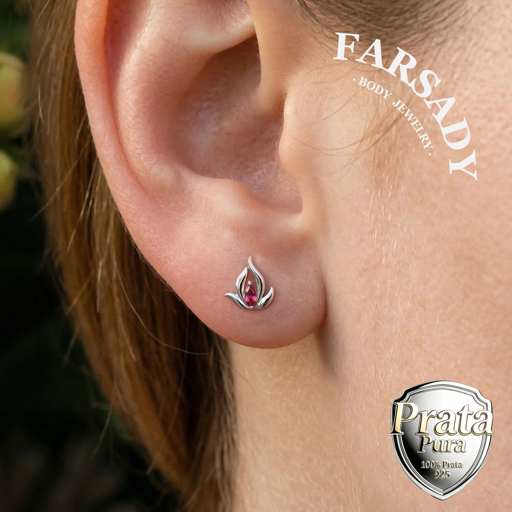Pink Lotus Threadless Push In Helix Stud, Sterling Silver Cartilage Stud, Flat Back Titanium Post, Design Flower Tragus/ Lobe/ Lip Earring
