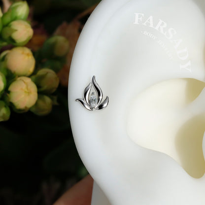 Mini Lotus Threadless Push In Helix Stud, Sterling Silver Cartilage Stud, Flat Back Titanium Post, Design Flower Tragus/ Lobe/ Lip Earring