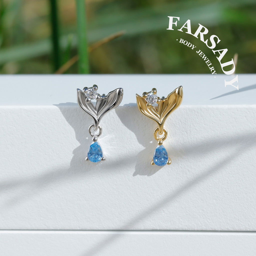 Mermaid Legend Helix Stud Earring with Blue CZ Dangle, Sterling Silver Tragus Lobe Conch Piercing Jewelry, Titanium Flat Back Ear Stack